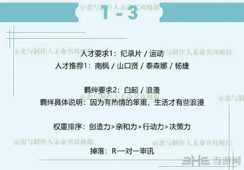 恋与制作人白起拍摄副本1-3通关要点